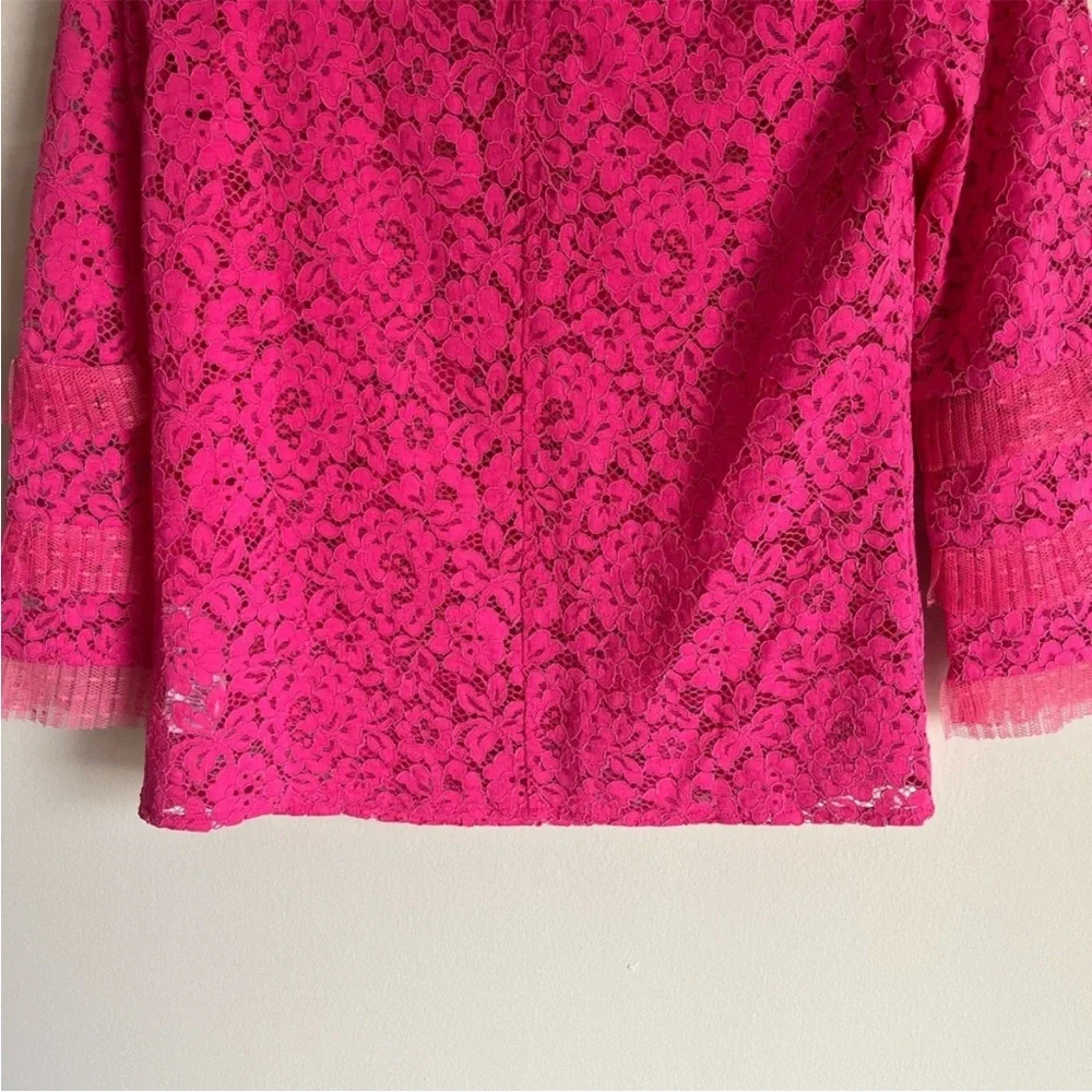 J. Crew Lace Top with Tulle Ruffle Keyhole Button Closure Pink Size XS